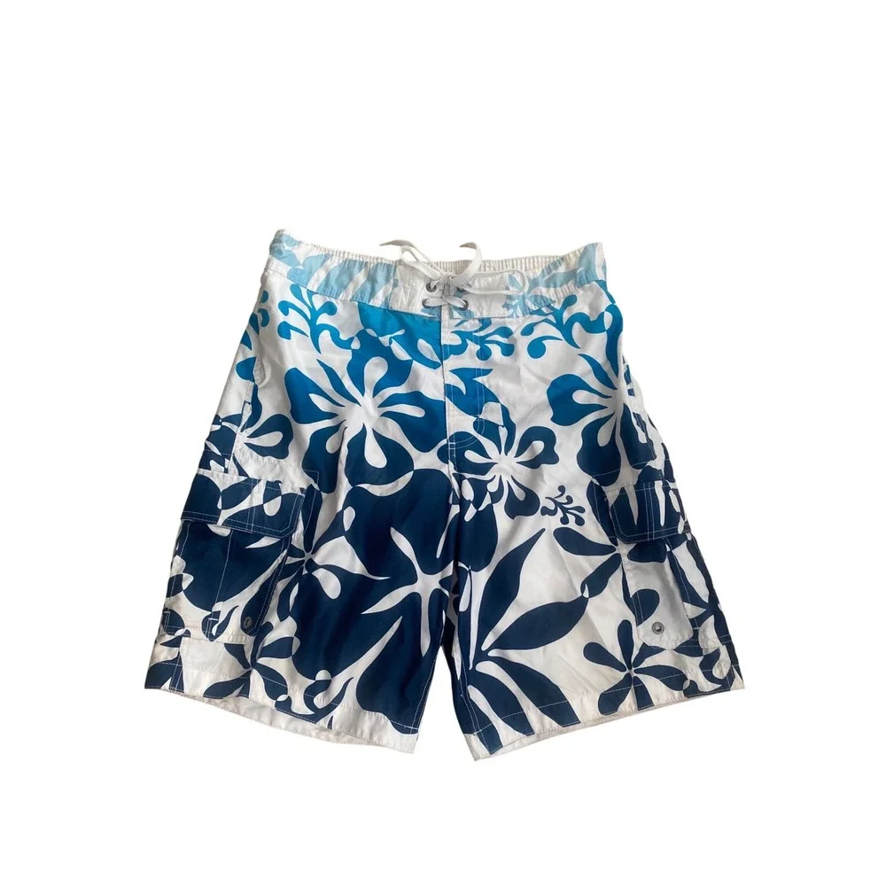 Merona Mens Blue White Hibiscus Floral Board Shorts Swim Trunks Size M Cargo